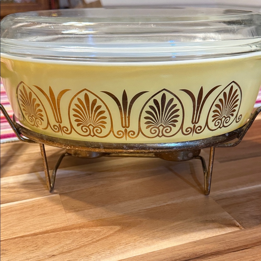 Vintage Pyrex Glass Casserole Dish with Trivet 2 candle warmer